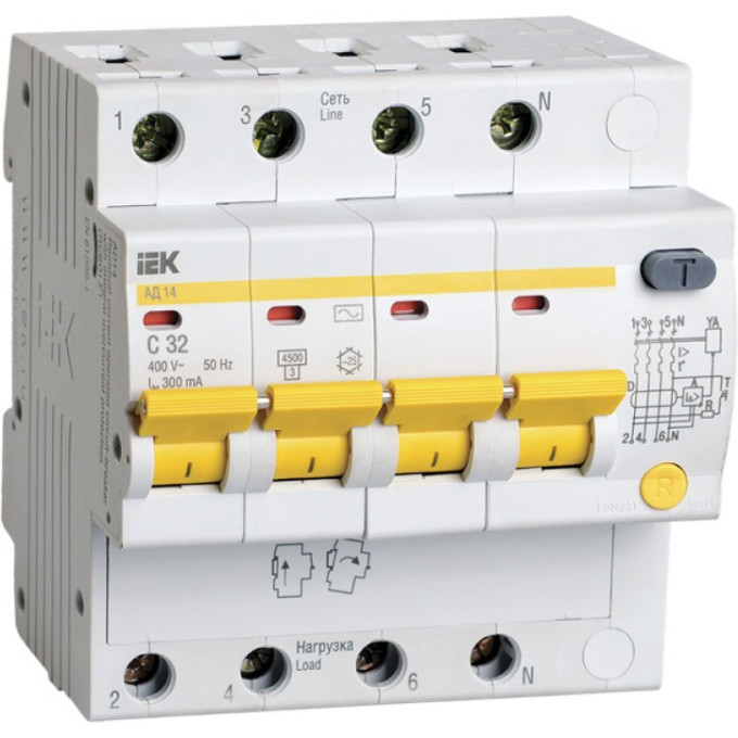 Дифференциальный автоматический выключатель IEK АД14 4Р 32А 300мА - MAD10-4-032-C-300