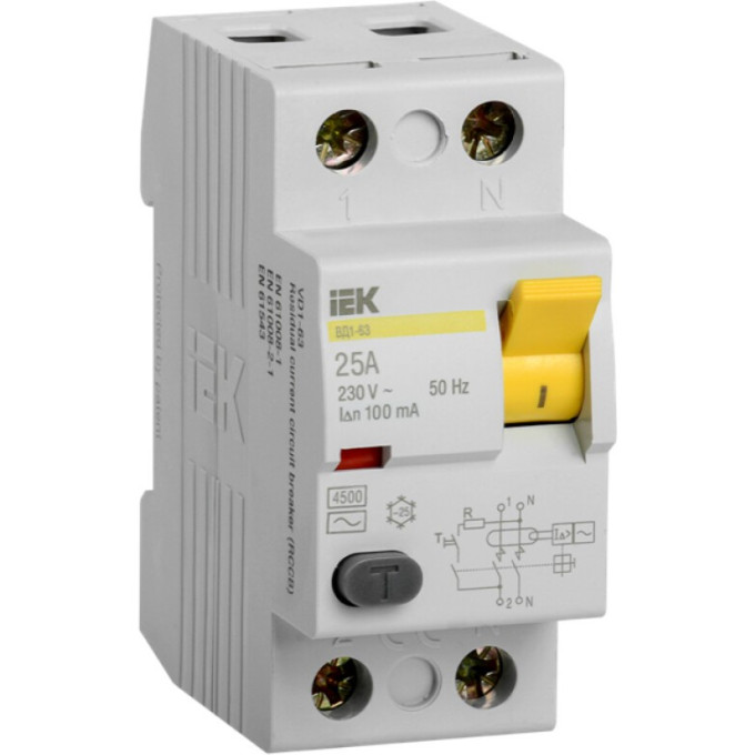 Выключатель дифференциальный (УЗО) IEK ВД1-63 2Р 25А 100мА - MDV10-2-025-100